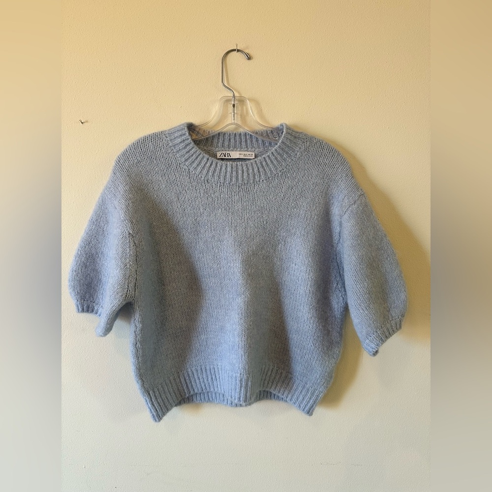 ZARA Women's Light Blue Chunky Knit Short Sleeve Puff Sleeve Size Small
